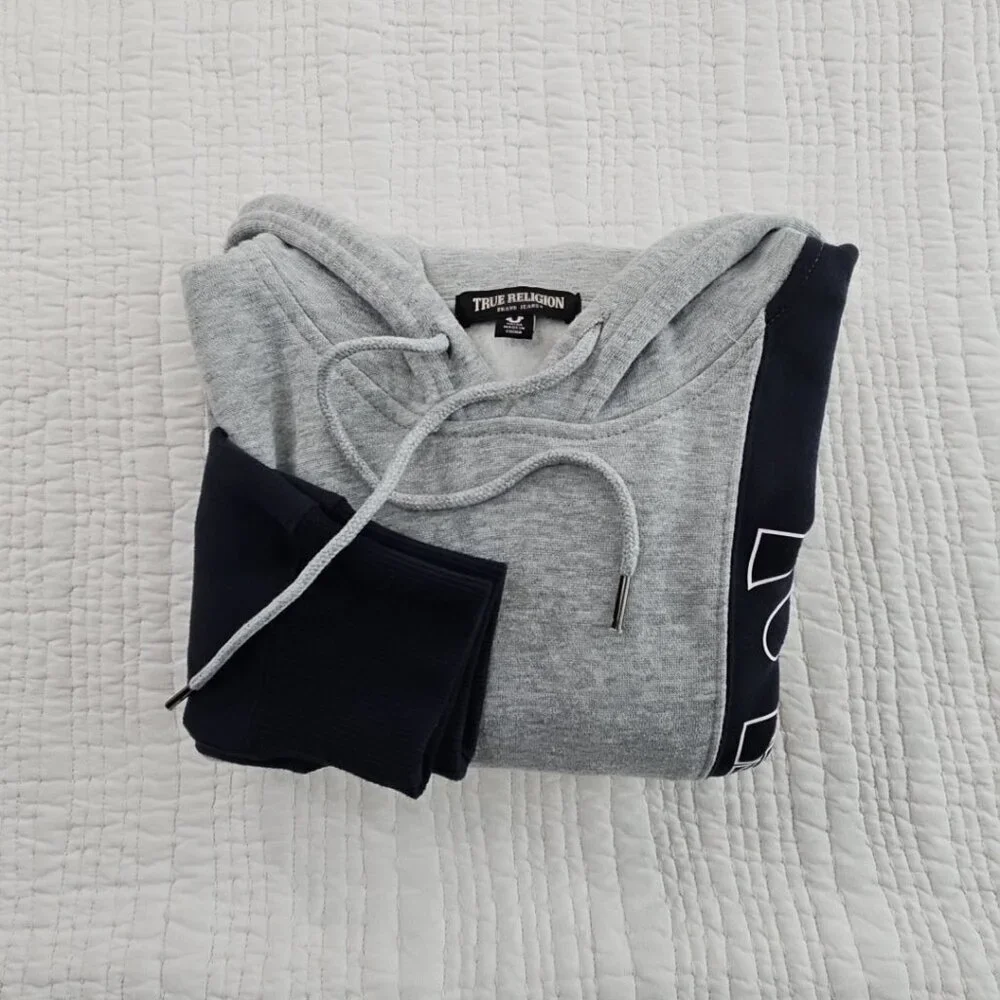 True Religion Colorblock Fleece Logo Hoodie Men's M Black Grey EUC Drawstring LS